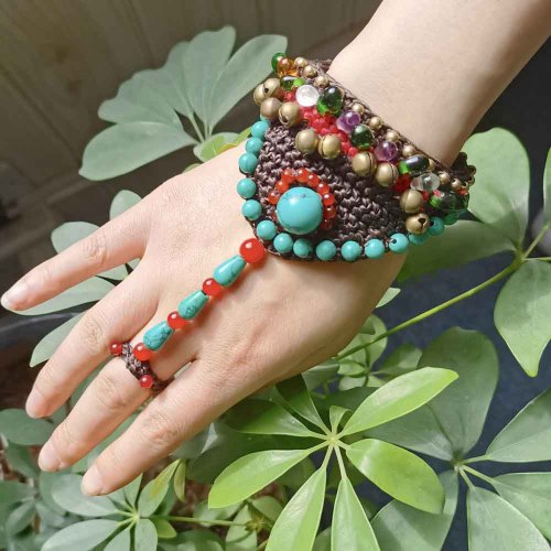 B-1149 Handmade Turquoise Bells Acrylic Beads Rope Woven Hand Finger Bracelets for Women Boho Ethnic Holiday Party Jewelry Gift