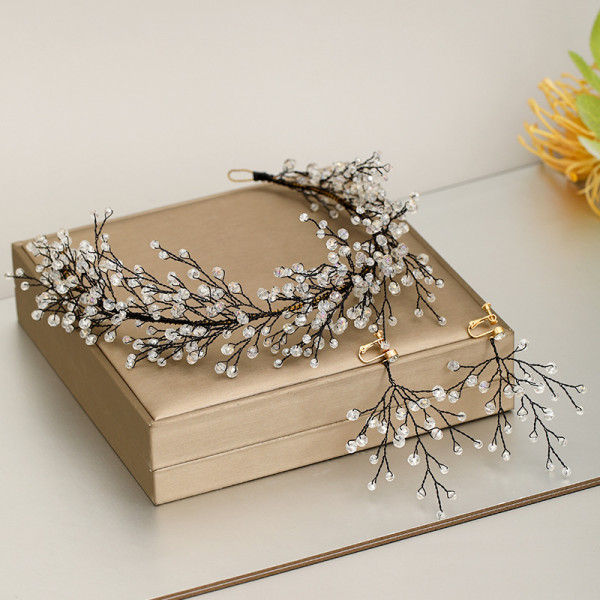 F-0927 Handmade Black Wired Crystal Crowns & Earrings Sets for Women Bridal Headdress Wedding Hair Accessories