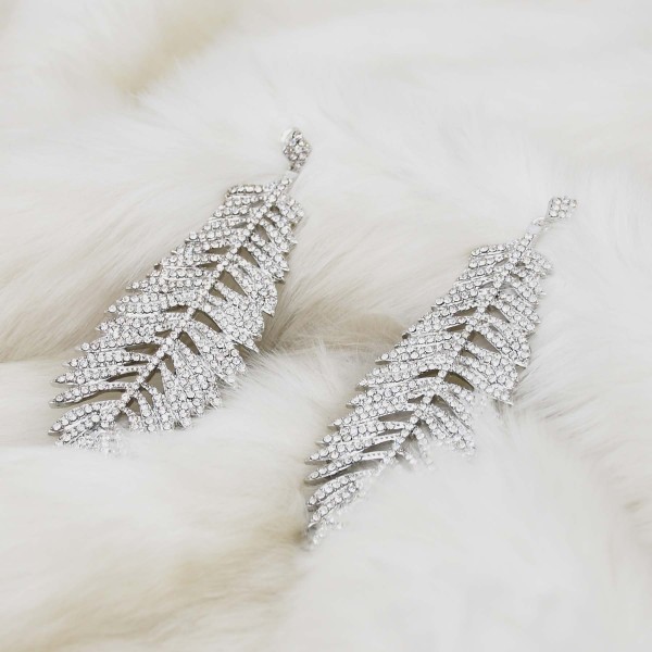 E-6325 Silver Bling Long Feather Shape Crystal Dangle Earrings For Women