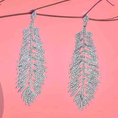 E-6325 Silver Bling Long Feather Shape Crystal Dangle Earrings For Women