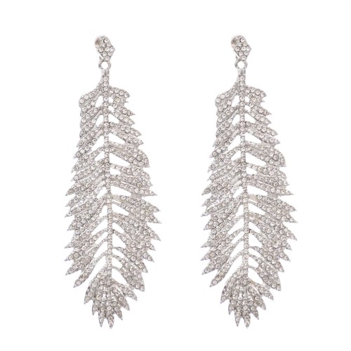 E-6325 Silver Bling Long Feather Shape Crystal Dangle Earrings For Women