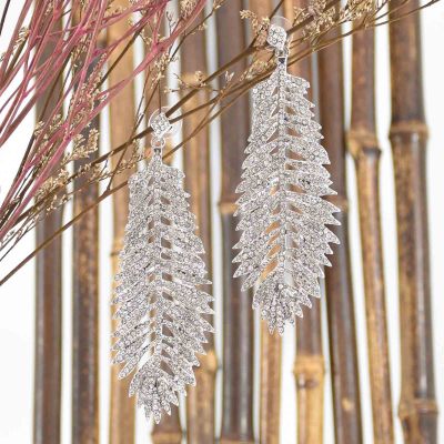 E-6325 Silver Bling Long Feather Shape Crystal Dangle Earrings For Women