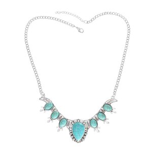 N-7631 Vintage Silver Metal Turquoise Geometric Pendant Necklaces for Women Boho Ethnic Party Jewelry