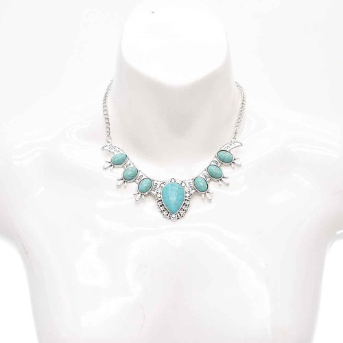 N-7631 Vintage Silver Metal Turquoise Geometric Pendant Necklaces for Women Boho Ethnic Party Jewelry
