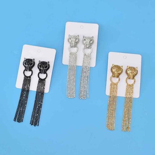 E-6326 3Colors Luxury Leopard Head Crystal Long Tassel Drop Hanging Earrings for Women Lady Wedding Party Jewelry Gift