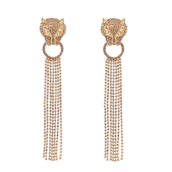 E-6326 3Colors Luxury Leopard Head Crystal Long Tassel Drop Hanging Earrings for Women Lady Wedding Party Jewelry Gift