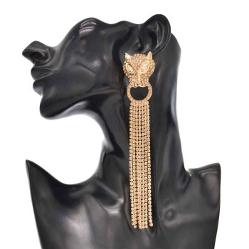 E-6326 3Colors Luxury Leopard Head Crystal Long Tassel Drop Hanging Earrings for Women Lady Wedding Party Jewelry Gift