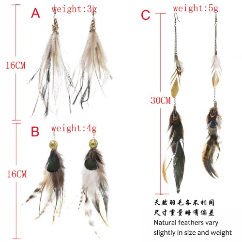 E-6334 3Styles Ethnic Brown Feather Long Tassel Drop Earrings for Women Boho Handmade Festival Party Jewelry Gift