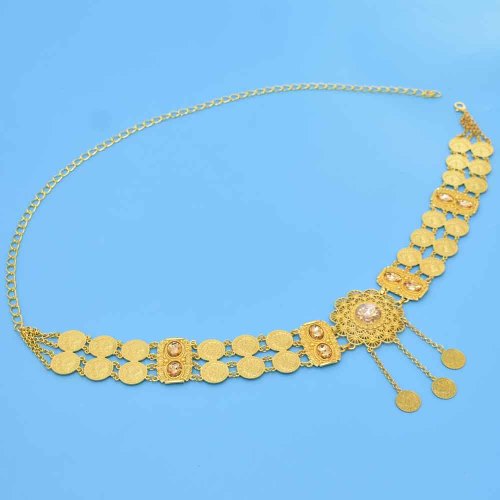 N-7637 Indian Gold Metal Crystal Flower Coin Tassel Belly Waist Chain Dance Dress Belt Body Jewelry