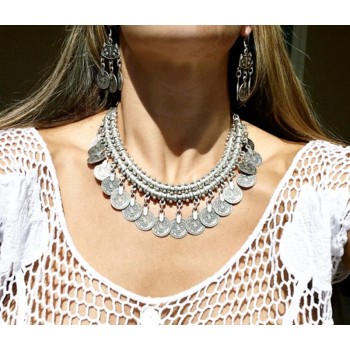 N-5020 Bohemian Gypsy Silver Gold Coin Choker Bib Statement Choker Necklaces for Women Party Jewelry