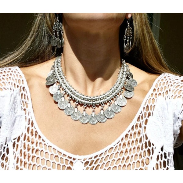 N-5020 Bohemian Gypsy Silver Gold Coin Choker Bib Statement Choker Necklaces for Women Party Jewelry