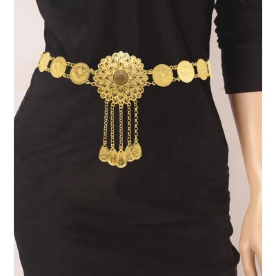 N-7614 Vintage Bohemian Gold Metal Flower Rhinestone Waist Belly Chain For Women Dance Belt Body Jewelry