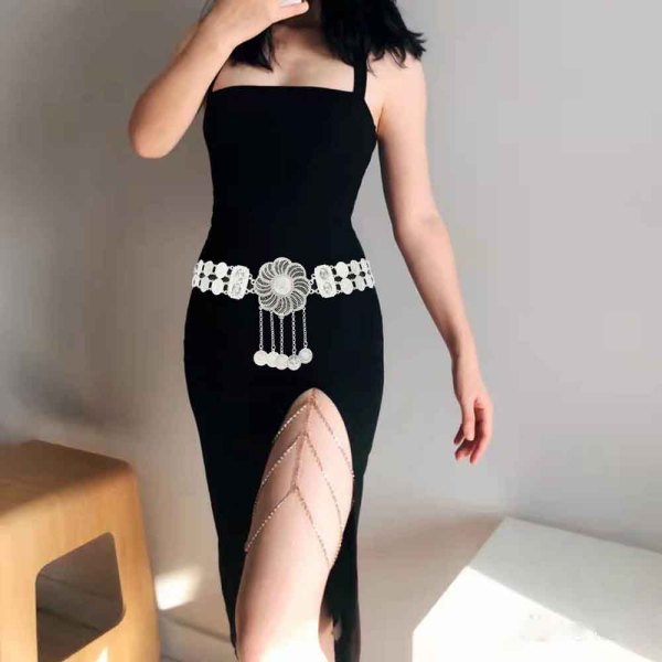 N-7642 Vintage Coin Tassel Hollow Out Flower Dance Belly Waist Body Chains for Women Boho Beach Party Jewelry