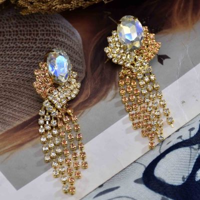 E-6348 Sparkly Rhinestone Dangle With Dual Colors Intertwined Fringe Dangle Earrings For Women Girls Party Jewelry