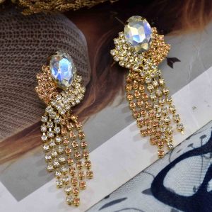 E-6348 Sparkly Rhinestone Dangle With Dual Colors Intertwined Fringe Dangle Earrings For Women Girls Party Jewelry