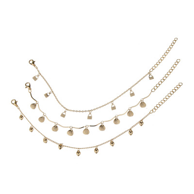 B-1154 3 PCS Gold Anklet For Women Girls Stackable Slender Anklet Body Chain With Shell Lock Heart Shaped Decoration For Summer Beach