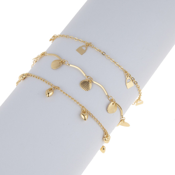B-1154 3 PCS Gold Anklet For Women Girls Stackable Slender Anklet Body Chain With Shell Lock Heart Shaped Decoration For Summer Beach