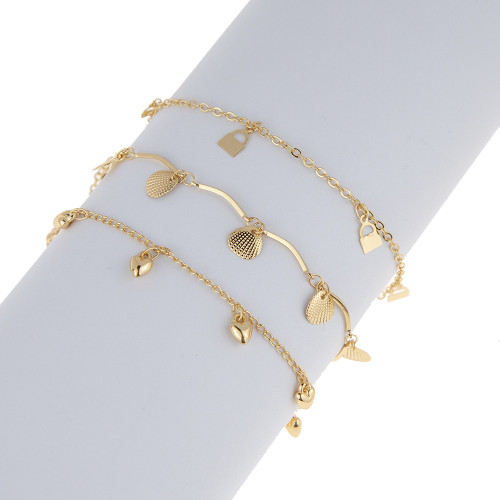 B-1154 3 PCS Gold Anklet For Women Girls Stackable Slender Anklet Body Chain With Shell Lock Heart Shaped Decoration For Summer Beach