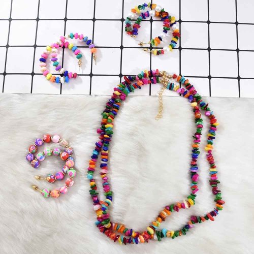 N-7654 E-6352 Handmade Bohemian Colorful Beads Stone Pearl Statement Necklaces & Earrings Jewelry Sets for Women Beach Party Gift
