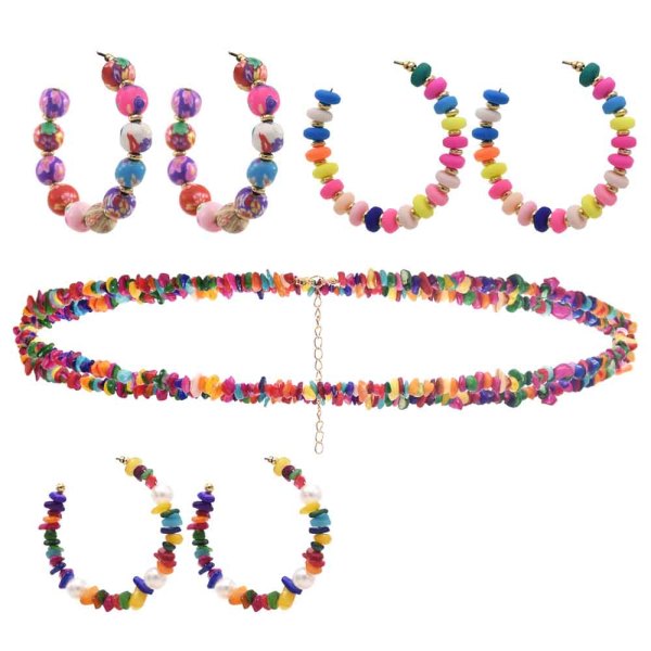 N-7654 E-6352 Handmade Bohemian Colorful Beads Stone Pearl Statement Necklaces & Earrings Jewelry Sets for Women Beach Party Gift