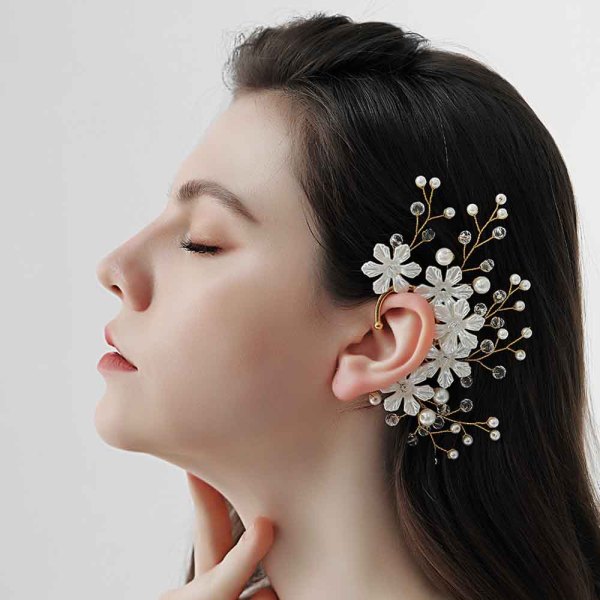 E-6362  1PC Handmade Bridal Pearl Crystal Flower Left Ear Cuff No Pierced Earrings for Women Wedding Party Jewelry Gift