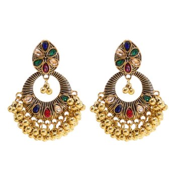 E-6367 Indian Vintage Gold Metal Crystal Bells Tassel Drop Earrings for Women Boho Festival Party Jewelry Gift