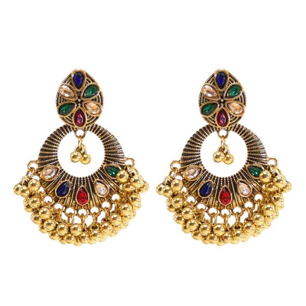 E-6367 Indian Vintage Gold Metal Crystal Bells Tassel Drop Earrings for Women Boho Festival Party Jewelry Gift