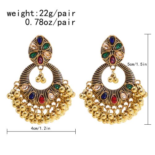 E-6367 Indian Vintage Gold Metal Crystal Bells Tassel Drop Earrings for Women Boho Festival Party Jewelry Gift