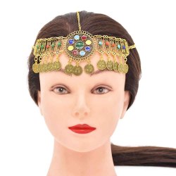 F-0952 Indian Vintage Gold Metal Acrylic Coin Tassel Head Chains Headdress Women Boho Dance Party Hair Accessories