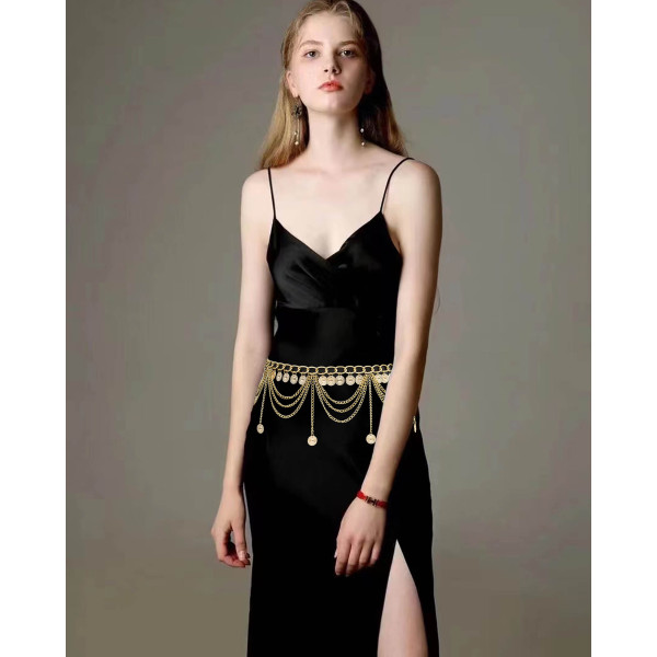 N-7675 Vintage Gold Metal Multilayers Coin Tassel Dress Dance Belly Waist Chains for Women Party Body Jewelry