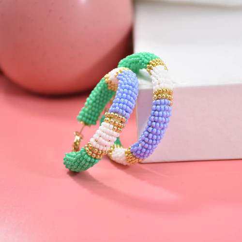 E-6375 Colorful Beaded Hoop Earrings Bohemian Circle Round Earrings Handmade Dangle Earrings for Women and Girls