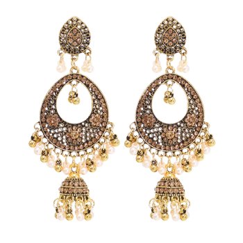 E-6376 Bohemian Vintage Metal Crystal Pearl Bells Tassel Oval Drop Dangle Earrings for Women Party Jewelry Gift