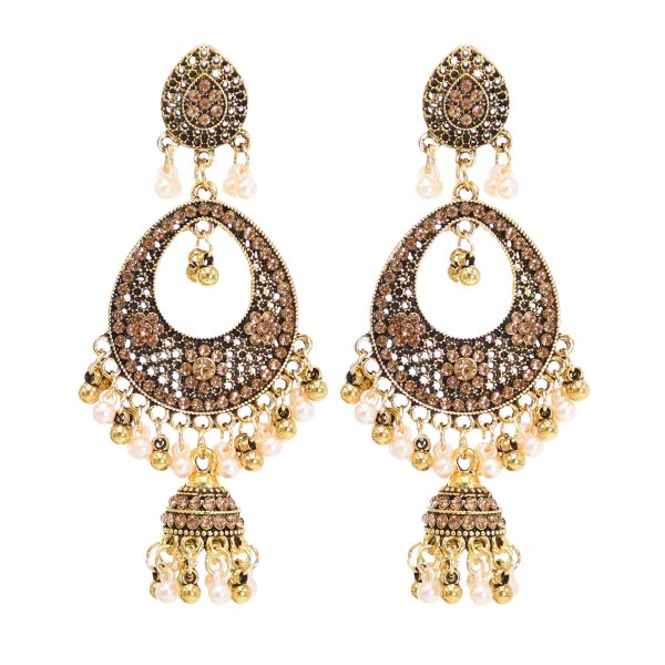 E-6376 Bohemian Vintage Metal Crystal Pearl Bells Tassel Oval Drop Dangle Earrings for Women Party Jewelry Gift