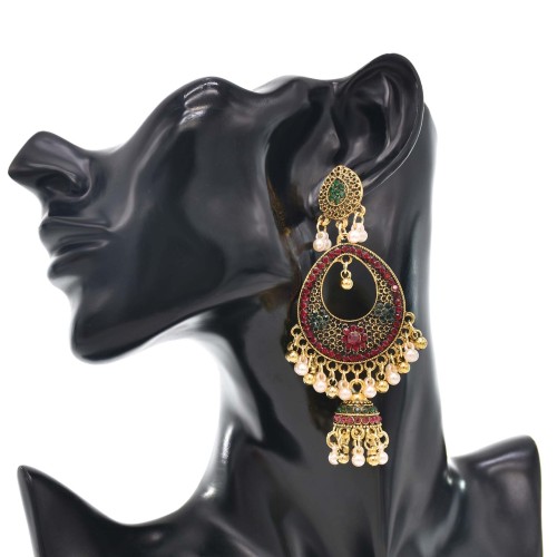 E-6376 Bohemian Vintage Metal Crystal Pearl Bells Tassel Oval Drop Dangle Earrings for Women Party Jewelry Gift