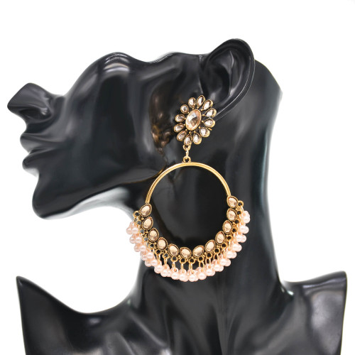E-6377 Bohemian Vintage Flower Pearl Tassel Dangle Earrings