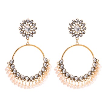 E-6377 Bohemian Vintage Flower Pearl Tassel Dangle Earrings