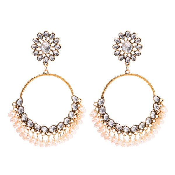 E-6377 Bohemian Vintage Flower Pearl Tassel Dangle Earrings