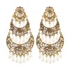 E-6378 Indian Vintage Gold Silver Metal Carved Flower Pearls Drop Earrings for Women Boho Wedding Party Jewelry Gift