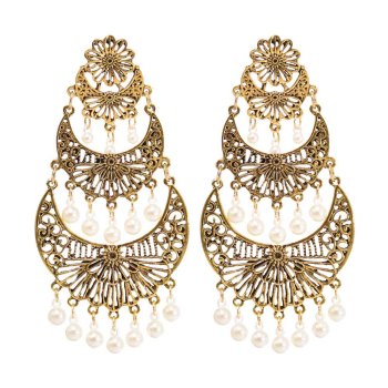 E-6378 Indian Vintage Gold Silver Metal Carved Flower Pearls Drop Earrings for Women Boho Wedding Party Jewelry Gift