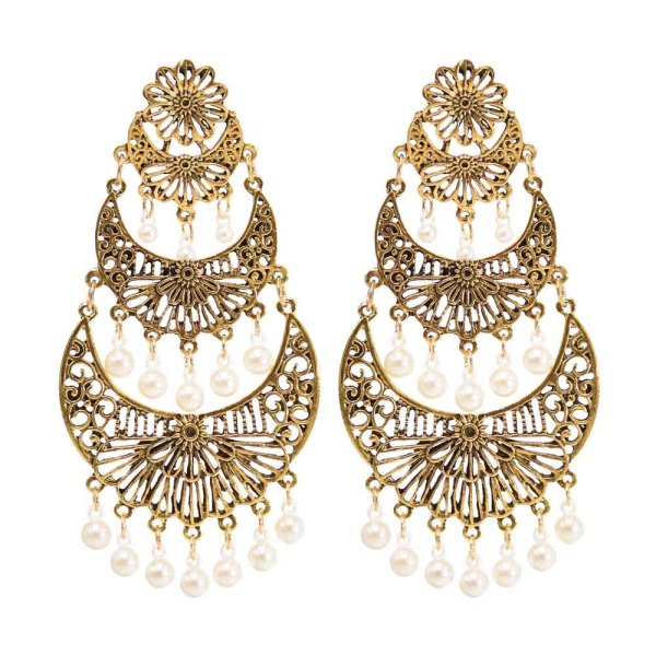 E-6378 Indian Vintage Gold Silver Metal Carved Flower Pearls Drop Earrings for Women Boho Wedding Party Jewelry Gift