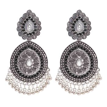 E-6379 Indian Vintage Silver Metal Carved Flower Drop Dangle Earrings