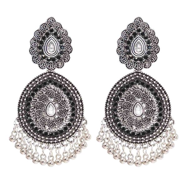 E-6379 Indian Vintage Silver Metal Carved Flower Drop Dangle Earrings