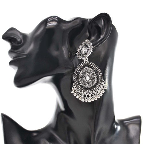 E-6379 Indian Vintage Silver Metal Carved Flower Drop Dangle Earrings