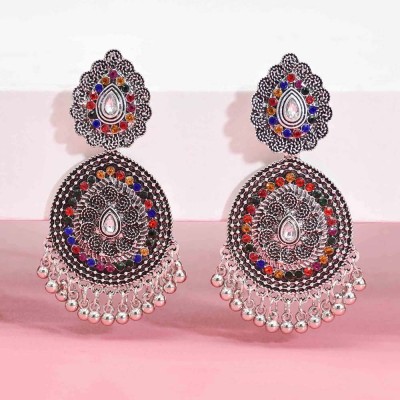 E-6379 Indian Vintage Silver Metal Carved Flower Drop Dangle Earrings
