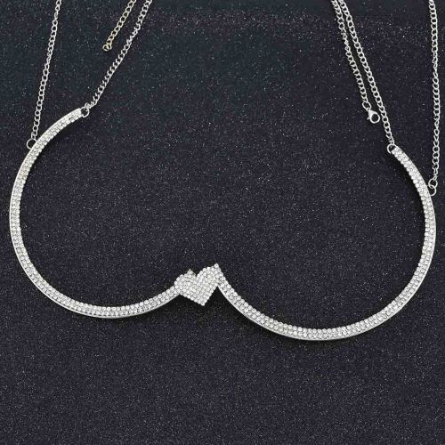N-7682 Rhinestone Chest Bracket Bra Heart Silver Rhinestone Chest Chains Bikini Body Jewelry Simple Body Jewelry for Women