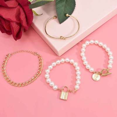B-1176 4PCS/Set Gold Chain Pearl Beads Lock Pendant Bracelets & Bangles Sets for Women Boho Holiday Party Jewelry