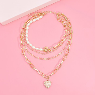 N-7685 Fashion Heart-shaped Multi-layer Necklace Pearl chain Jewelry For Women Gift