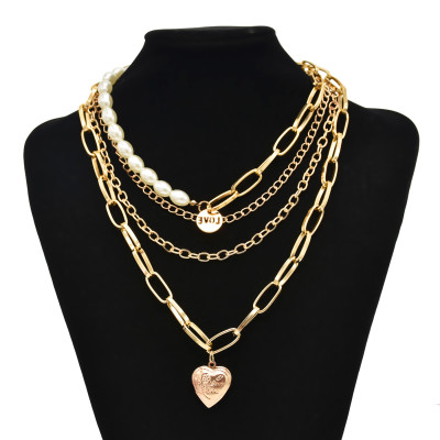 N-7685 Fashion Heart-shaped Multi-layer Necklace Pearl chain Jewelry For Women Gift