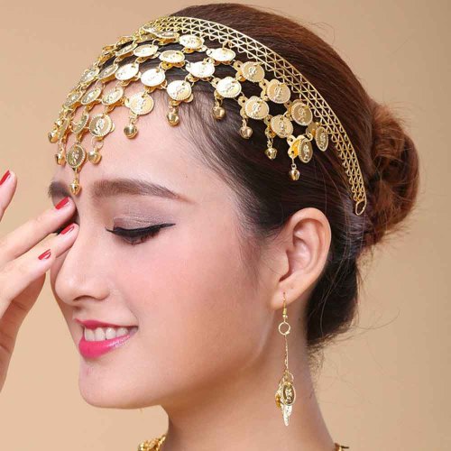 F-0307 Bohemian boho coin tassel headpiece gold metal headband belly dance head band hair jewelry indian jewelry