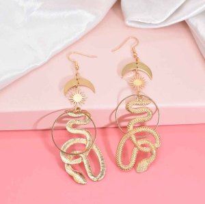 E-6389 Punk Gold Metal Sun Moon Snake Pendant Earrings for Women Boho Holiday Party Jewelry Gift